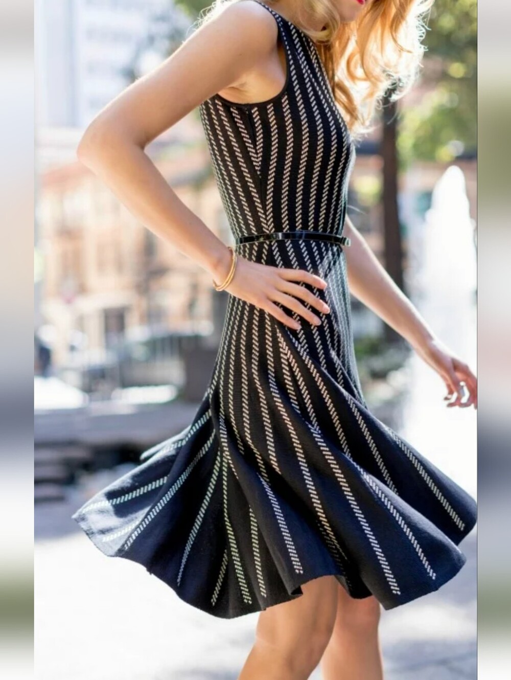 St. John Dress, Size 16, Black Knit, Metallic Gold, Tulip Skirt - Picture 6 of 12